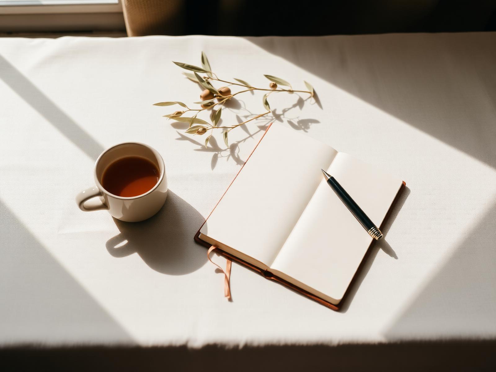 A quiet morning workspace with tea, an open notebook, and olive branches